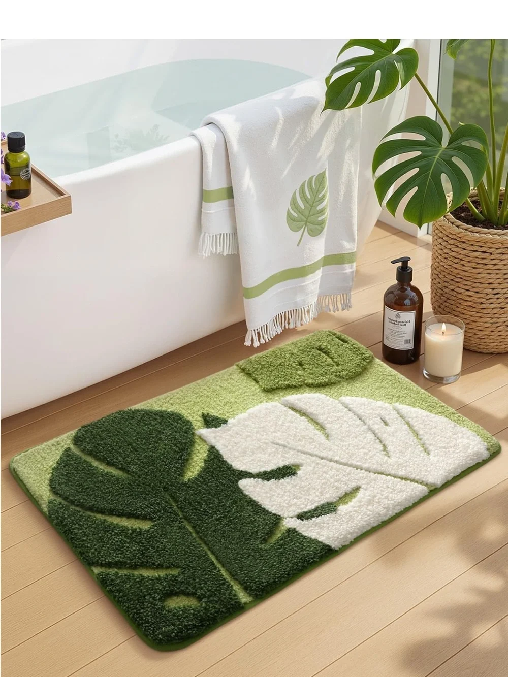 NEW Green Leaf Bath Rug - Soft Microfiber Bathroom Mat